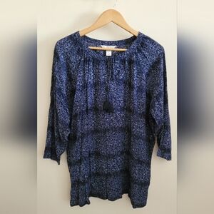 christopher&banks Tunic Peasant Style Top, Women's XL, Navy Blue Print